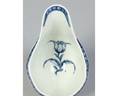 A Worcester strap moulded sauceboat printed in underglaze blue with flowers and with a rare tulip print to the inside. Cresce