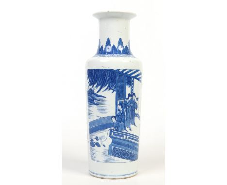 A Chinese Kangxi style Rouleau vase. Painted in underglaze blue with a border of stylized leaves, with two panels containing 