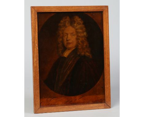 A framed antique reverse print on glass, portrait of Henricus Sacheverell S. T. P. 32.5cm x 23cm.   Condition Report. To be u
