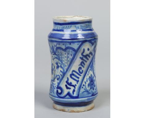 A 19th century Continental blue and white albarello, decorated with stylized flowers and inscribed F. Menthi, 15.5cm.   Condi