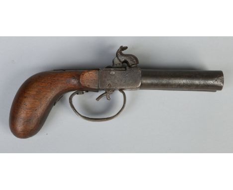 A 19th century double barrel side by side percussion cap pistol with carved walnut stock. Proof marks, barrels 8cm.   Conditi