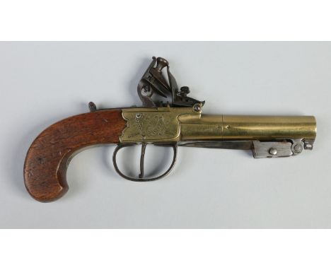 A late 18th / early 19th century flintlock boxlock pocket pistol by Hill of London. With brass barrel and having spring loade