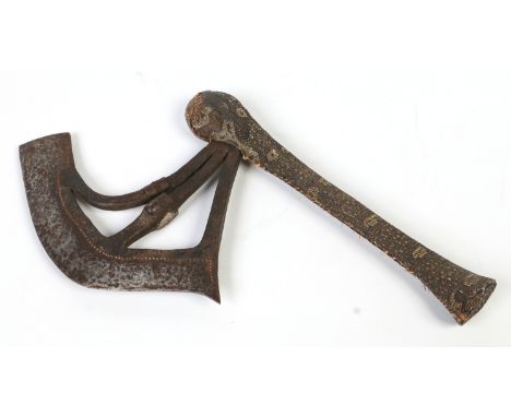 An African tribal axe with openwork blade adorned with masks and with snakeskin mounted handle, 34cm.    Condition Report. To