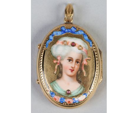 A 19th century Continental yellow metal ovoid locket, gem set and enamelled with the portrait of a maiden, 3.25cm.   Conditio