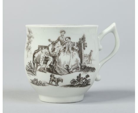 A Worcester bell shaped coffee cup with wishbone handle. Black onglaze transfer print with the La Amour pattern, c1760, 6cm. 