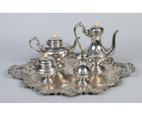 A Cavalier silver plated four part tea service on twin handled serving tray. Hand chased and with carved ivory pineapple fini