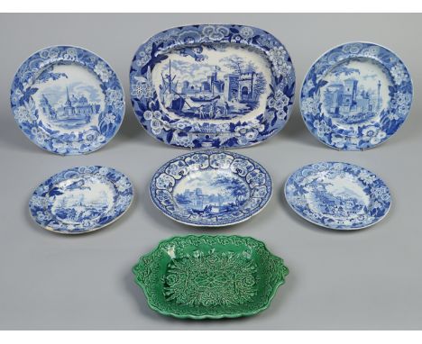 A Don pottery platter, four plates, a soup dish and a green moulded Act of Union dish. All except the later printed in underg