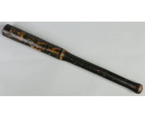 A William IV turned hardwood truncheon. Black and blue ground, painted with a crown W. R. cipher over IV over K, 51cm.   Cond