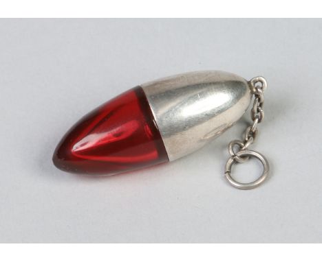 A ruby glass scent file pendant with white metal mount, 4cm.   Condition Report. To be used as a guide only.  Good condition.