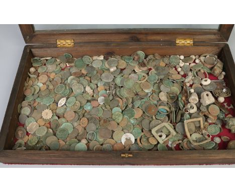 A table top bijouterie case containing a collection of mixed metal detector finds including coins, buckles and musket balls e