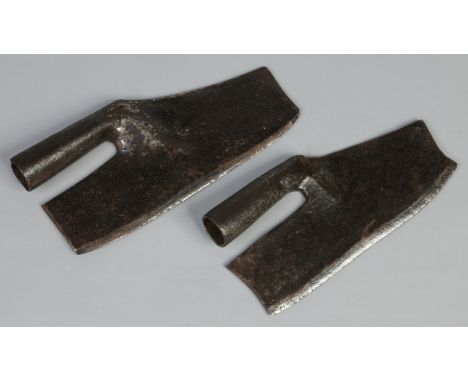 Two antique forged metal blades, possibly for agricultural use, 32cm.