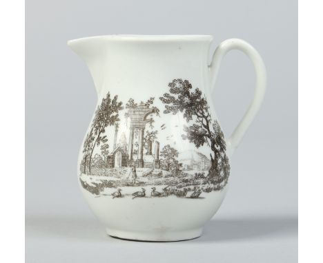 A Worcester sparrow beak cream jug with grooved loop handle. With black onglaze transfer print of European ruins in landscape