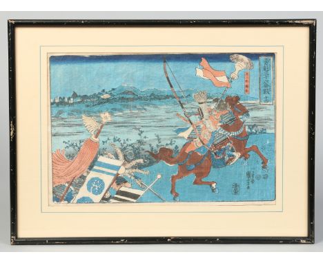 A framed Japanese woodblock print of a warrior on horseback signed Kuniyoshi, 23cm x 35cm.   Condition Report. To be used as 