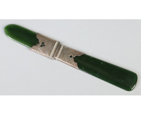 A spinach jade and white metal mounted paper knife, 18.5cm.   Condition Report. To be used as a guide only.  Cutting blade sh