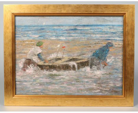 After William Marshall Brown. Gilt framed oil on canvas on board, figures on the beach with a raft. Signed, 35cm x 48cm.    C