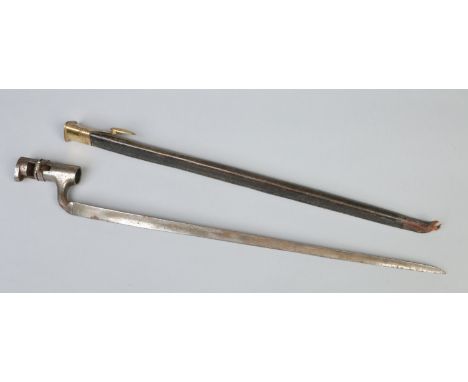 A socket bayonet with triangular blade in brass mounted leather scabbard, 52cm.   Condition Report. To be used as a guide onl