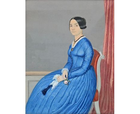 Trost, Carl (?). 1811 Eckernförde-1884 MünchenBildnis einer jungen Frau (Kniestück), 1848, Gouache, unten zwischen den Stuhlb