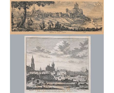 Zwei historische Stadtansichten.a) Fokke, Simon (1712-1784 Amsterdam): Ansicht von Delft nach der Explosion des Pulverturms i