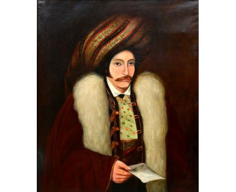 Porträtmaler, 1. H./ Mitte 19. Jh.Bildnis eines Gelehrten (?) mit Turban. Öl auf Leinwand,alte Reparaturen im Bereich Bildmit