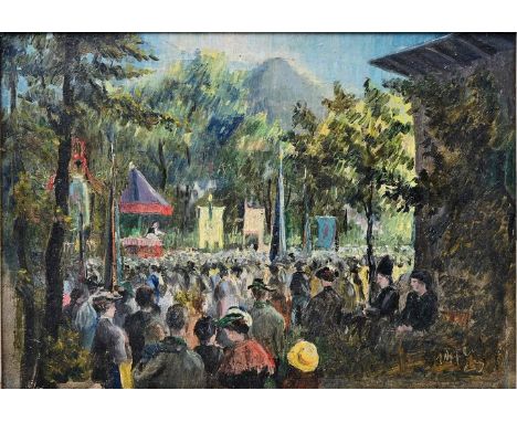 Undeutl. sign. "Mayer", Anf. 20. JH.Menschenansammlung mit Festredner unter freiem Himmel. 1923 (?). Öl auf Malpappe, re. u. 