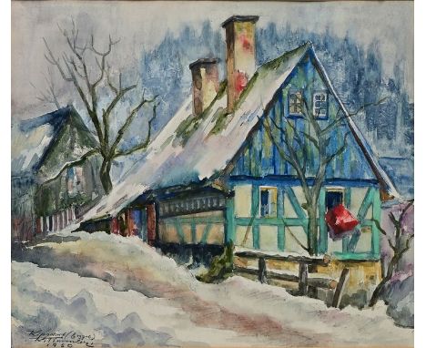 Timmler, Karl (1906 Liegnitz/ Niederschlesien - 1996 Moritzburg b. Dresden)"Kipsdorf im Schnee" (Erzgebirge). Aquarell, 1950.