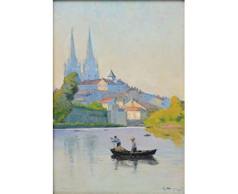 Dupuis, L.  (?) sign., tätig in Frankreich E. 19./ Anf. 20. Jh.Ansicht einer Kathedrale (Quimper?) , über Fluss gelegen. Öl a