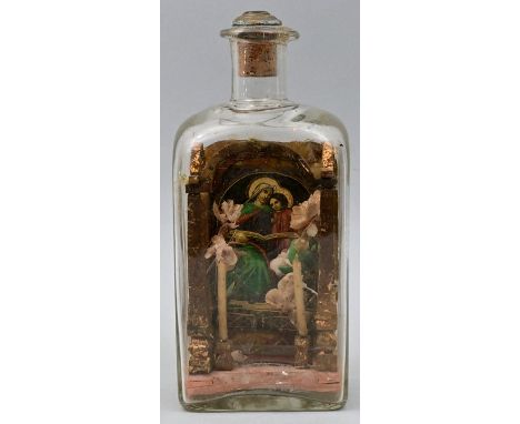 Flasche mit Eingericht/ Geduldflasche, alpenländisch, Mitte 19. Jh.Vierkantflasche aus farblosem Glas, Korkstopfen mit Messin