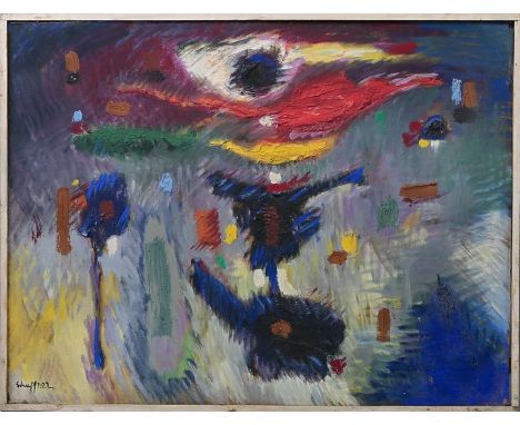 Schuppner, Robert (1896 Hamm - 1966 Bach an der Sieg)Große abstrakte Komposition mit Vision eines Auges. Öl auf (Mal)pappe, 1