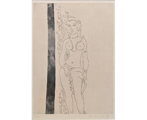 unbekanntDarstellung einer stehenden, halbnackten Frau. Radierung, Exemplar 89/100. 1976. Rechts unterhalb undeutlich signier