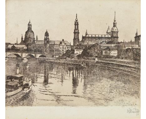 Mauff, Richard (1877 Dresden - 1945 ebenda)Blick über die Elbe hinweg auf die Dresdner Altstadt. Radierung in Braun, wohl 192