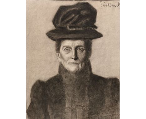 Wollanke, EllyBildnis einer Dame mit Hut, ca. 1910, Kohle/ Bütten, sign., li. unt. Ecke Eselsohr, Wasserrand. 62 x 47,5 cm. H