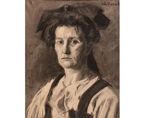 Wollanke, EllyBildnis einer Frau mit Haarschleife. Kohlezeichnung/ Bütten, sign., 52 x 41,5 cm, hinter Blende. Portrait of a 
