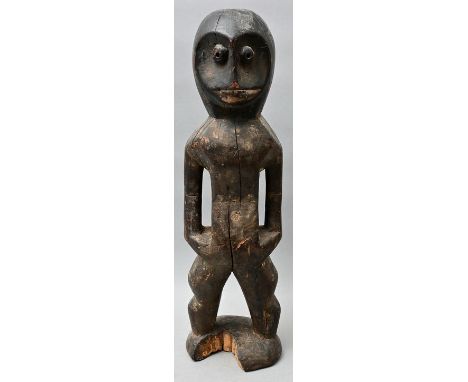 Figur, Lega, D. R. KongoHolz, geschnitzt, schwarz patiniert, weiße Tupfen. Stilisierte anthropomorphe Figur in stehender Halt
