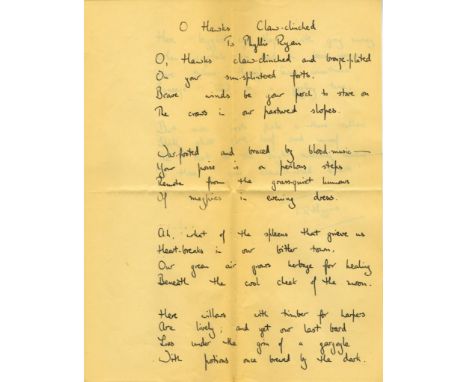 Original Manuscript Poem

Higgins  (F.R.)  O Hawks Claw-Clinched. Original manuscript poem of six four-line stanzas (2 pp, on