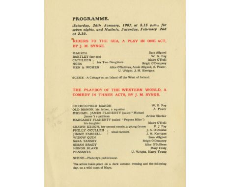 First Production of "The Playboy..." [The Abbey Theatre]. Programme. Saturday 26th January 1907, for seven nights, including 