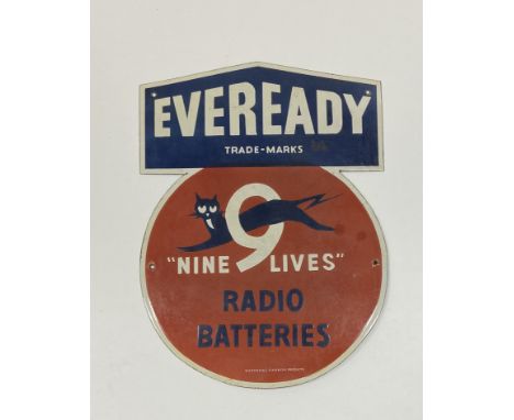 Advertisement: A shaped enamel Sign "Ever Ready Trade Marks - Nine Lives Radio Batteries - National Carbon Products, decorate