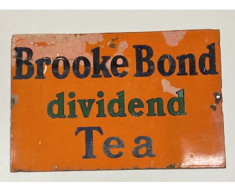 Advertisement: "Brooke Bond Dividend Tea," orange coloured enamel Sign, (Some repair), approx. 43cms x 63cms (17" x 25"). (1)