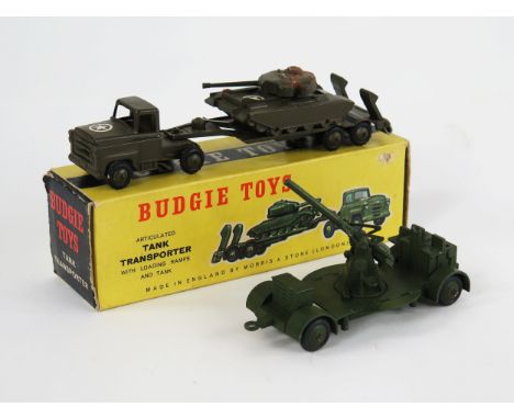 Budgie Toys Articulated Tank Transporter with Loading Ramps and Tank - boxed together with Dinky Toys 161B Anti-Aircraft Gun 