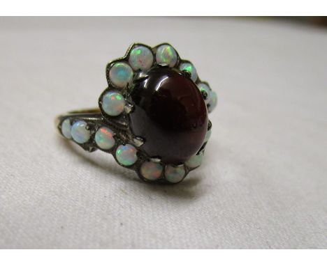 Cabochon garnet &amp; opal antique style ring - Approx size M½