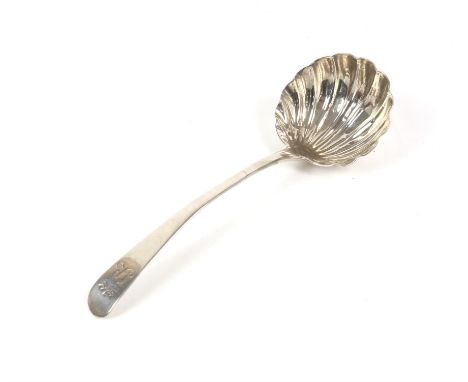 18th century shell bowl sauce ladle with coronet crestCondition Report:  Approx. 17.5cm long.Marks obliterated but it is test