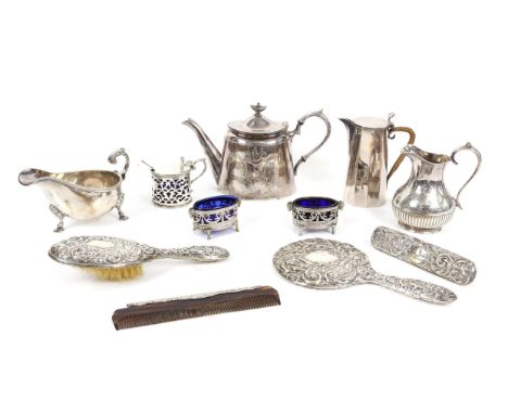 Silver hand mirror, Birmingham 1992, brushes and comb, together with plated items