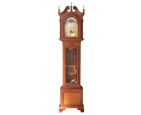 Modern mahogany longcase clock, with German FHS movement, arched dial with chapter ring having Roman numerals, four subsidiar