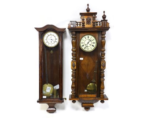 20th century mahogany Vienna Regulator style wall clock, dial with Roman numerals, the glazed door flanked by turned pilaster