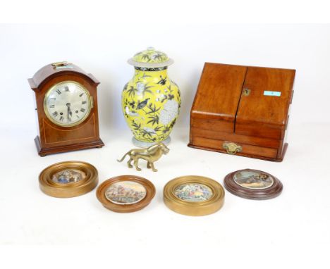 Mahogany stationery box, wall bracket with tiles, early 20th century mantel clock, pot lids and Chinese vase