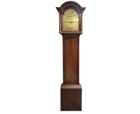 19th century mahogany 30 hour longcase clock, with arched brass dial with Roman and Arabic numerals signed Edward Box, Chiche