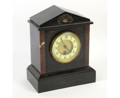 Late 19th century black slate and marble mantel clock of architectural form, the enamel chapter ring with Arabic numerals, si