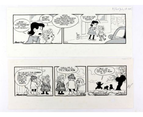 Maurice Dodd (British,1922-2005), two original three panel comic strips from the long-running series 'The Perishers', one dat