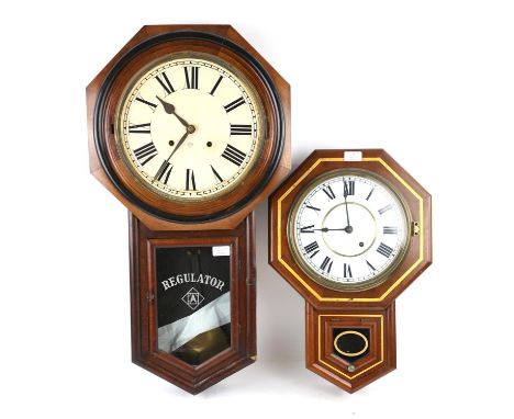 Mahogany cased drop-dial Regulator wall clock by Ansonia Clock Co., USA, (no glass dial dial), h80.5cm w43cm, together with a