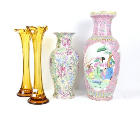 Large Chinese vase with vignettes on pink ground 61cm a modern Chinese vase flowers and foliage, drilled hole to base h 47cm 