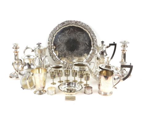 AMENDED DESCRIPTION Silver plated items to include salver with foliate scroll border, three piece tea service, pair of candle